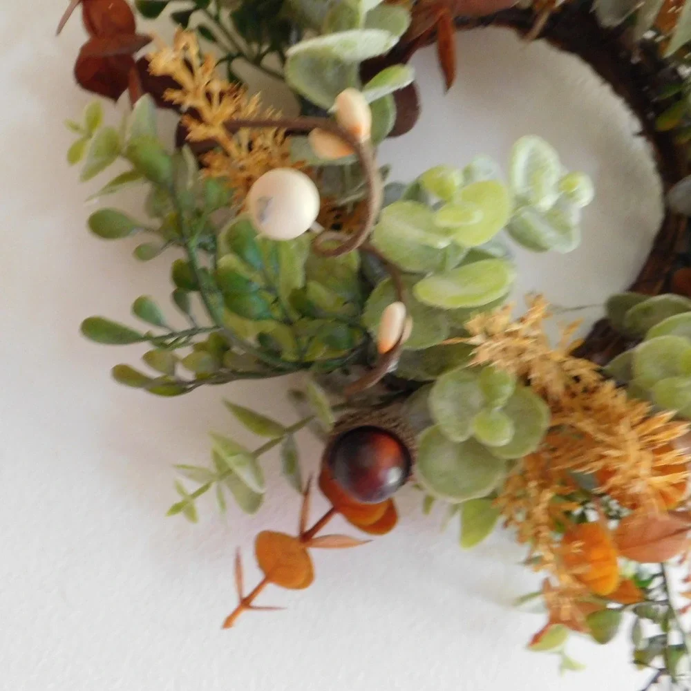 Fall Candle Ring Wreath, Mini Thanksgiving Cabinet Decor, Eucalyptus, acorns